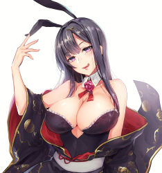 Rule 34 | 1girl, :q, animal ears, bare shoulders, black baccara (flower knight girl), black hair, black kimono, breasts, rabbit ears, cleavage, detached collar, flower knight girl, frills, hair intakes, highres, huge breasts, japanese clothes, kimono, long hair, looking at viewer, piyoyanagi, purple eyes, simple background, smile, solo, tongue, tongue out, upper body, white background