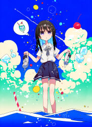 Rule 34 | 1girl, air bubble, bare legs, black ribbon, black skirt, blue background, blue hair, blush, breast pocket, brown hair, bubble, buttons, cherry, collared shirt, colored inner hair, dot nose, drinking straw, food, fruit, full body, hair between eyes, higashi (azm), highres, holding, holding shoes, ice, ice cream, ice cube, long bangs, long hair, looking at viewer, miniskirt, multicolored hair, neck ribbon, original, parted lips, pleated skirt, pocket, purple eyes, ribbon, school uniform, shirt, shirt tucked in, shoes, unworn shoes, short sleeves, sidelocks, skirt, solo, sundae, sweatdrop, thighs, thought bubble, wading, water, white footwear, white shirt, wing collar