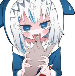Rule 34 | 1boy, 1girl, animal hood, biting, blue eyes, blue hair, blue hoodie, blunt bangs, collarbone, dusonson, finger biting, finger to mouth, gawr gura, gawr gura (1st costume), hand grab, heart, heart-shaped pupils, highres, hololive, hololive english, hood, hoodie, jitome, long sleeves, looking at viewer, multicolored hair, off shoulder, saliva, shark girl, shark hood, sharp teeth, silver hair, size difference, solo focus, streaked hair, symbol-shaped pupils, teeth, tongue, tongue out, virtual youtuber, white background