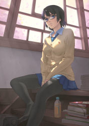 Rule 34 | 1girl, black eyes, black hair, black pantyhose, blue eyes, book, book stack, bottle, breasts, cardigan, feet, glasses, legs, light rays, looking at viewer, md5 mismatch, medium breasts, no shoes, original, pantyhose, parted lips, pleated skirt, resolution mismatch, school uniform, short hair, sitting, sitting on stairs, skirt, solo, source larger, stairs, sunbeam, sunlight, sweater, tan taka, window