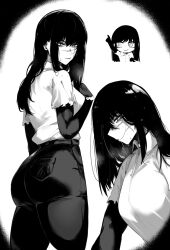 Rule 34 | 1girl, absurdres, ass, black hair, black pants, chainsaw man, chibi, facial scar, highres, masoq, pants, ringed eyes, scar, scar on cheek, scar on face, scar on nose, shirt, solo, torn clothes, torn shirt, white background, white shirt, yoru (chainsaw man)