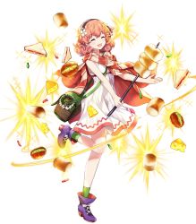 Rule 34 | amagai tarou, cheese, closed eyes, dress, fire emblem, fire emblem echoes: shadows of valentia, food, full body, genny (fire emblem), hair ornament, highres, holding, jewelry, leg up, necklace, nintendo, official art, open mouth, pink hair, sandwich, shoes, short dress, short hair, sleeveless, smile, solo, sparkle, transparent background