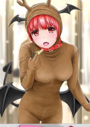 Rule 34 | 1girl, alternate costume, animal collar, animal costume, antlers, blurry, blurry background, bodysuit, bosutonii, breasts, christmas, collar, commentary request, cosmetics, cowboy shot, demon tail, demon wings, depth of field, fake antlers, head tilt, head wings, highres, horns, koakuma, large breasts, lips, lipstick tube, looking at viewer, open mouth, red eyes, red hair, reindeer antlers, reindeer costume, solo, standing, tail, touhou, wings