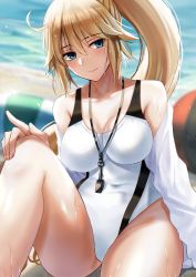 Rule 34 | 1girl, blonde hair, blue eyes, blurry, blurry background, breasts, competition swimsuit, covered navel, fate/grand order, fate (series), highres, hood, hooded jacket, jacket, jeanne d&#039;arc (fate), jeanne d&#039;arc (ruler) (fate), jeanne d&#039;arc (swimsuit archer) (fate), jeanne d&#039;arc (swimsuit archer) (second ascension) (fate), large breasts, long hair, long sleeves, nicky w, one-piece swimsuit, open clothes, open jacket, ponytail, solo, swimsuit, wet, whistle, whistle around neck, white jacket, white one-piece swimsuit