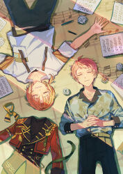 Rule 34 | 2boys, absurdres, belt, black belt, black pants, buttons, closed eyes, closed mouth, commentary request, cowboy shot, crumpled paper, drawstring, ensemble stars!, fingernails, floral print, hand on own chest, highres, interlocked fingers, itsuki shu, lapels, long sleeves, lying, male focus, multiple boys, musical note, on back, outstretched hand, pants, paper, paw sleeves, pencil, pink hair, sheet music, short bangs, short hair, shorts, tsukinaga leo, wednesday 108