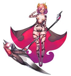 Rule 34 | 1girl, absurdres, arm behind back, arm tattoo, bare shoulders, between thighs, cacaco, collarbone, commission, demon girl, demon horns, facial mark, gem, glint, gluteal fold, gradient hair, high heels, highres, holding, holding scythe, holding weapon, horns, jpeg artifacts, leg tattoo, multicolored hair, multiple horns, navel, open mouth, original, pink hair, purple hair, red footwear, red gemstone, scythe, short hair, shoulder tattoo, simple background, skindentation, solo, tattoo, weapon, white background, yellow horns