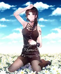 Rule 34 | 1girl, black eyes, black hair, black shorts, black tank top, braid, braided ponytail, butterfly tattoo, closed mouth, cloud, cloudy sky, commission, fishnet pantyhose, fishnets, flower, gem, highres, jewelry, kneeling, looking at viewer, necklace, pantyhose, rhosavior, shorts, sky, smile, solo, tank top, tate no yuusha no nariagari, tattoo, therese alexanderite