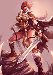Rule 34 | 1girl, boots, breasts, cape, choker, cleavage, dual wielding, full body, fur trim, green eyes, hand on hilt, holding, kachima, la qu&ecirc;te de l&#039;aube, la quete de l&#039;aube, large breasts, red hair, short hair, signature, solo, standing, sword, thigh strap, torn cape, torn clothes, tyra oeil de-loup, vambraces, weapon