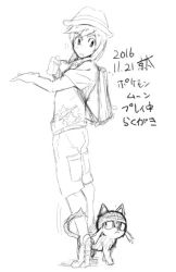 Rule 34 | 1boy, 2016, backpack, bad id, bad twitter id, bag, creatures (company), dated, elio (pokemon), full body, game freak, gen 7 pokemon, greyscale, hat, kyouta (a01891226), litten, looking down, male focus, monochrome, nintendo, pocket, pokemon, pokemon (creature), pokemon sm, short hair, shorts, signature, sketch, star (symbol), star print, swept bangs, tiptoes, white background