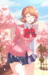 1girl absurdres arms_behind_back bag black_skirt blue_sky blurry blurry_background bow bowtie brown_bag brown_hair cardigan cherry_blossoms choker closed_eyes cloud cloudy_sky collared_shirt cowboy_shot dress_shirt earrings facing_viewer falling_petals gb_dumf gekkoukan_high_school_uniform hashtag-only_commentary heart heart_choker highres holding holding_bag jewelry long_sleeves loose_bowtie miniskirt open_mouth outdoors persona persona_3 petals pink_cardigan pink_petals pleated_skirt red_bow red_bowtie ribbed_cardigan school_uniform shirt short_hair skirt sky smile solo stud_earrings takeba_yukari white_choker white_shirt