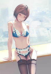 Rule 34 | 1girl, arm support, bad id, bad pixiv id, bob cut, bra, breasts, brown eyes, brown hair, garter belt, garter straps, highres, jewelry, lingerie, looking at viewer, matching hair/eyes, necklace, panties, real life, sakura mana, short hair, sitting, skindentation, smile, solo, stallone, thighhighs, underwear
