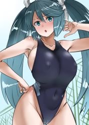 Rule 34 | 1girl, 30-06, absurdres, alternate costume, bad id, bad pixiv id, bare shoulders, blue eyes, blush, breasts, competition swimsuit, covered erect nipples, green hair, highres, huge breasts, isuzu (kancolle), kantai collection, long hair, looking back, one-piece swimsuit, solo, swimsuit, twintails