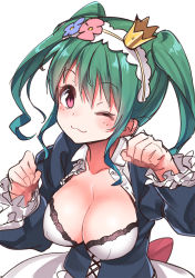Rule 34 | 10s, 1girl, ;3, breasts, cleavage, crown, frills, green hair, hairband, konnyaku (kk-monmon), kuroi ginko, large breasts, long hair, long sleeves, looking at viewer, maid, medium hair, mini crown, one eye closed, paw pose, planet with, puffy sleeves, red eyes, sidelocks, simple background, solo, tilted headwear, twintails, upper body, white background