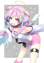 Rule 34 | 1girl, angel wings, arm behind back, bare shoulders, belt, black choker, blue hair, blue trim, border, choker, detached wings, feet out of frame, grey background, hair bobbles, hair ornament, hand up, heart, heart-shaped pupils, highres, kitou akari (kitoakari 1016), leaning forward, light blue hair, long sleeves, looking at viewer, midriff, multicolored eyes, multicolored hair, off-shoulder shirt, off shoulder, open mouth, original, outside border, pink eyebrows, pink footwear, pink hair, pink sailor collar, pink shorts, sailor collar, shirt, short shorts, shorts, signature, sleeves past fingers, sleeves past wrists, smile, solo, sparkle background, star (symbol), streaked hair, symbol-shaped pupils, thigh belt, thigh strap, traditional halo, two side up, white border, white shirt, wings