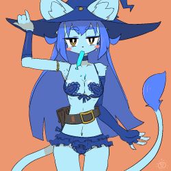 Rule 34 | 1girl, blue hair, blue hat, bra, cat, female focus, furry, furry female, hat, long hair, looking at viewer, panties, simple background, smile, solo, the amboina, underwear, upper body, witch hat