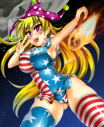 Rule 34 | 1girl, alternate legwear, american flag, american flag dress, american flag legwear, american flag shirt, armpits, blonde hair, breasts, clownpiece, covered erect nipples, dress, fairy wings, fang, female focus, gradient background, hat, highres, jester cap, large breasts, legacy of lunatic kingdom, long hair, microdress, open mouth, panties, pantyshot, print dress, print panties, print thighhighs, purple eyes, short dress, sleeveless, sleeveless dress, smile, solo, standing, striped clothes, striped dress, striped thighhighs, thighhighs, torch, touhou, underwear, upskirt, v, very long hair, wings, yazuki gennojou