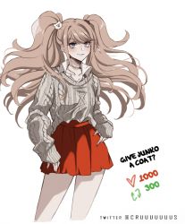 Rule 34 | 1girl, bear hair ornament, brown sweater, collarbone, collared shirt, criis-chan, danganronpa: trigger happy havoc, danganronpa (series), english text, enoshima junko, grey eyes, hair ornament, like and retweet, long hair, meme, miniskirt, nail polish, parted lips, red nails, red skirt, shirt, simple background, skirt, sleeves past wrists, smile, solo, sweater, sweater tucked in, twintails, twitter strip game (meme), twitter username, white background, white shirt