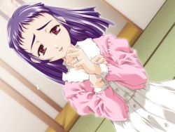 Rule 34 | 1girl, bed, blush, game cg, maruto!, purple hair, red eyes, shirt, watashi ni konya ai ni kite, yuuki misago