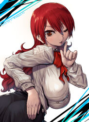 Rule 34 | 1girl, amania orz, bow, bowtie, breasts, collared shirt, dated, hand up, highres, index finger raised, kirijou mitsuru, large breasts, long hair, long sleeves, looking at viewer, one eye closed, parted lips, persona, persona 3, red bow, red bowtie, red eyes, red hair, shirt, solo, twitter username, upper body, white shirt