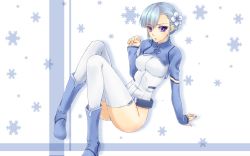 Rule 34 | 10s, 1girl, arm support, artist request, belt, blue hair, blush, bodysuit, boots, braid, female focus, fin e ld si laffinty, fingernails, flower, hair flower, hair ornament, highleg, highres, legs, long sleeves, looking at viewer, parted lips, purple eyes, rinne no lagrange, short hair, silhouette, sitting, snowflakes, solo, thighhighs, turtleneck, wallpaper, white thighhighs