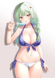 Rule 34 | 1girl, :p, arm at side, bare shoulders, bikini, blue bikini, blue nails, blush, bracelet, braid, breasts, cleavage, cowboy shot, floral print, food, green hair, hair ornament, highres, holding, holding food, jewelry, large breasts, long hair, looking at viewer, nail polish, navel, original, popsicle, print bikini, simple background, solo, stomach, swimsuit, thigh gap, tongue, tongue out, twin braids, white background, white bikini, yamamura umi, yellow eyes