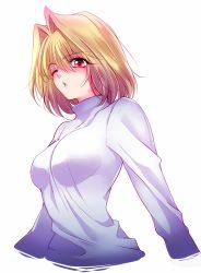 Rule 34 | 00s, 1girl, arcueid brunestud, blonde hair, blush, breasts, hair intakes, kiss, large breasts, maribsr, o3o, one eye closed, red eyes, simple background, solo, sweater, tsukihime, turtleneck, upper body, white background, white sweater