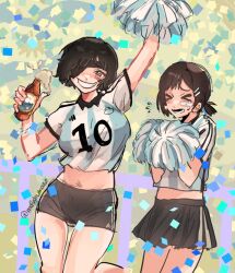 Rule 34 | &gt; &lt;, 2022 fifa world cup, 2girls, argentina, argentinian flag, argentinian flag print, arm up, beer bottle, black hair, black skirt, blush, breasts, chainsaw man, closed eyes, confetti, cropped shirt, eyepatch, flag print, green eyes, higashiyama kobeni, himeno (chainsaw man), holding, holding pom poms, large breasts, looking at viewer, masshumaro, midriff, multiple girls, pom pom (cheerleading), pom poms, shirt, short hair, short ponytail, short shorts, shorts, skirt, smile, striped clothes, striped shirt, teeth, twitter username, vertical-striped clothes, vertical-striped shirt, world cup