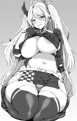 Rule 34 | 1girl, absurdres, antenna hair, areola slip, azur lane, belt, black thighhighs, blush, breasts, clothing cutout, covered erect nipples, cropped shirt, earpiece, gloves, greyscale, half gloves, highres, hotate-chan, large areolae, large breasts, long hair, looking at viewer, monochrome, multicolored hair, navel, official alternate costume, panties, panty straps, prinz eugen (azur lane), prinz eugen (final lap) (azur lane), pussy, race queen, streaked hair, thighhighs, thighs, two-tone skirt, two side up, underboob, underboob cutout, underwear, white belt