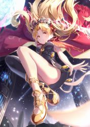 Rule 34 | 1girl, ass, bad id, bad pixiv id, blonde hair, cape, dampi, ereshkigal (fate), fate/grand order, fate (series), from below, hair ornament, highres, holding, holding sword, holding weapon, long hair, looking at viewer, moon, night, red cape, red eyes, red ribbon, ribbon, single thighhigh, solo, sword, thighhighs, tiara, tohsaka rin, weapon