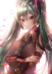 Rule 34 | 1girl, bare shoulders, bloom, blush, detached sleeves, green eyes, green hair, grey shirt, hair ornament, hand on own arm, hatsune miku, highres, long hair, looking at viewer, narami, necktie, shirt, sleeveless, sleeveless shirt, smile, twintails, upper body, very long hair, vocaloid