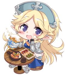 Rule 34 | 1girl, alcohol, armor, armored boots, armored dress, ascot, bad id, bad pixiv id, bare shoulders, beer, beer mug, black gloves, blonde hair, blue dress, blue headwear, blush, boots, breasts, chibi, commission, cup, dress, ear piercing, foam, food, full body, gauntlets, gloves, highres, hizuki yayoi, holding, holding cup, long hair, looking at viewer, medium breasts, mug, open mouth, orange ascot, piercing, pixiv commission, pointy ears, princess connect!, purple eyes, simple background, sitting, solo, table, very long hair, white background, yukari (princess connect!)