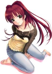 Rule 34 | 00s, 1girl, arm behind back, barefoot, between legs, blush, brown eyes, camisole, casual, denim, feet, fingernails, from above, full body, hand between legs, jeans, kousaka tamaki, long hair, looking at viewer, mikazuki akira!, pants, red hair, simple background, smile, solo, to heart, to heart (series), to heart 2, white background