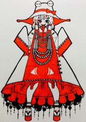 Rule 34 | 1girl, absurdres, ankle bow, ankle ribbon, mismatched irises, ballpoint pen (medium), beads, black bow, black eyes, boku (isizakitakasi), bow, commentary, dress, dress bow, eye print, frilled dress, frills, full body, hair ribbon, hands up, hat, hat bow, highres, horizontal pupils, long sleeves, looking at viewer, medium hair, monochrome, moriya suwako, partially colored, red eyes, red footwear, red ribbon, ribbon, rope, sandals, sleeves past fingers, sleeves past wrists, solo, tassel, tongue, tongue out, touhou, traditional media, wide sleeves