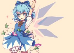 Rule 34 | 1girl, :d, bloomers, blue bow, blue dress, blue eyes, blue hair, bow, breasts, cirno, collared shirt, dise (psychoro), dress, flower, hair bow, ice, ice wings, leaf, neck ribbon, open mouth, pinafore dress, plant, puffy short sleeves, puffy sleeves, red ribbon, ribbon, shirt, short hair, short sleeves, simple background, sleeveless dress, small breasts, smile, solo, stretching, sunflower, touhou, underwear, vines, white bloomers, white shirt, wings, yellow background