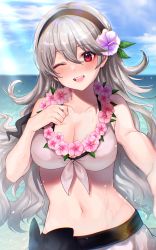 Rule 34 | 1girl, absurdres, asada sadao, beach, bikini, black hairband, blue sky, blush, breasts, cleavage, cloud, collarbone, commentary, corrin (female) (fire emblem), corrin (female) (summer) (fire emblem), corrin (fire emblem), day, fire emblem, fire emblem fates, fire emblem heroes, flower, flower necklace, grey hair, hair between eyes, hair flower, hair ornament, hairband, highres, jewelry, large breasts, long hair, looking at viewer, navel, necklace, nintendo, ocean, official alternate costume, one eye closed, open mouth, outdoors, outstretched arm, pink flower, purple flower, reaching, reaching towards viewer, red eyes, sky, smile, solo, stomach, sunlight, swimsuit, teeth, upper body, upper teeth only, water, wavy hair, wet, white bikini