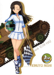Rule 34 | 10s, 1girl, ;), absurdres, asymmetrical bangs, black hair, boots, breasts, brown eyes, character name, checkered flag, cleavage, flag, floating hair, girls und panzer, helmet, highres, holding, holding flag, holding helmet, leg up, long hair, looking at viewer, medium breasts, miniskirt, nishi kinuyo, one eye closed, partially unzipped, pleated skirt, skirt, smile, solo, standing, standing on one leg, white background, white skirt