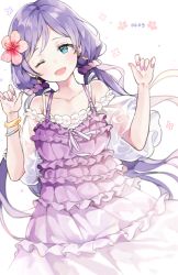 Rule 34 | 1girl, aqua eyes, bad id, bad pixiv id, blush, bracelet, dated, flower, hair flower, hair ornament, jewelry, liby (libtnvd), long hair, looking at viewer, love live!, love live! school idol festival, love live! school idol project, nail polish, open mouth, purple hair, purple nails, smile, solo, tojo nozomi, twintails