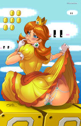 Rule 34 | 1girl, ? block, ass, ass cutout, blush, breasts, brown hair, butt crack, clothes lift, clothing cutout, cloud, coin, crown, darkereve, dress, dress lift, earrings, flower earrings, from behind, gloves, highres, jewelry, lingerie, looking back, mario (series), nintendo, orange dress, panties, princess daisy, puffy short sleeves, puffy sleeves, short sleeves, sitting, solo, super mario land, tagme, underwear, upskirt