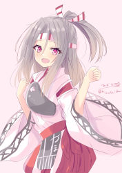 Rule 34 | 1girl, :d, absurdres, artist name, blush, cowboy shot, grey hair, hachimaki, headband, high ponytail, highres, hizaka, kantai collection, long hair, looking at viewer, muneate, one-hour drawing challenge, open mouth, pink background, purple eyes, simple background, smile, solo, twitter username, wide sleeves, zuihou (kancolle)