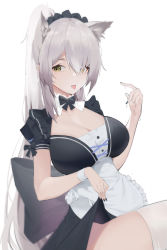 Rule 34 | 1girl, :p, absurdres, alternate costume, animal ear fluff, animal ears, apron, arknights, back bow, black bow, black bowtie, black dress, black nails, bow, bowtie, breasts, cat ears, cleavage, clothes lift, curryzcy, detached collar, dress, dress lift, enmaided, green eyes, highres, large bow, large breasts, lifted by self, long hair, maid, nail polish, ponytail, schwarz (arknights), short sleeves, sidelocks, silver hair, simple background, skindentation, solo, suggestive fluid, thighhighs, tongue, tongue out, waist apron, white apron, white background, white thighhighs