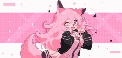 Rule 34 | 1girl, ;d, aardwolf (aardpuff), absurdres, animal ears, another pixel artist, black jacket, blush, brown skirt, collared shirt, cosplay, danganronpa (series), danganronpa 2: goodbye despair, fangs, hands up, heart, highres, jacket, long sleeves, miniskirt, nanami chiaki, nanami chiaki (cosplay), neck ribbon, one eye closed, open clothes, open jacket, open mouth, original, pink background, pleated skirt, ribbon, second-party source, shirt, skirt, smile, tail, two-tone shirt, white background, wolf ears, wolf girl, wolf tail