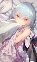 Rule 34 | 1girl, bare shoulders, bat wings, bed sheet, blue hair, blush, commentary request, dress, fang, fang out, hair between eyes, highres, holding, holding pillow, looking at viewer, lying, nail polish, no headwear, hugging object, on back, pillow, pillow hug, pink dress, red eyes, red nails, remilia scarlet, short hair, skin fang, smile, solo, touhou, upper body, wings, yuki (popopo)