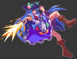 Rule 34 | 1girl, ;d, black background, black headwear, blue hair, blue skirt, boots, brown headwear, buttons, center frills, food, frills, fruit, full body, hand on headwear, hinanawi tenshi, holding, holding sword, holding weapon, leaf, long hair, looking at viewer, one eye closed, open mouth, peach, pixel art, potemki11, rainbow order, red eyes, red neckwear, simple background, skirt, smile, solo, sword, sword of hisou, touhou, weapon