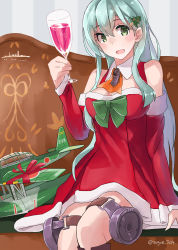 Rule 34 | 10s, 1girl, :d, aircraft, airplane, bare shoulders, bow, bowtie, breasts, cup, dated, detached sleeves, dress, drinking glass, green eyes, green hair, hair ornament, hairclip, highres, kantai collection, large breasts, long hair, open mouth, santa costume, short dress, sitting, smile, solo, sugue 304, suzuya (kancolle), twitter username, wine glass