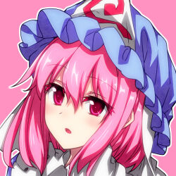 Rule 34 | 1girl, :o, blue hat, close-up, colored eyelashes, commentary request, eyes visible through hair, frilled hat, frills, hair between eyes, hat, long hair, looking at viewer, mob cap, outline, parted lips, pink background, pink eyes, pink hair, portrait, saigyouji yuyuko, sazanami mio, simple background, solo, touhou, triangular headpiece, white outline