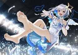 Rule 34 | 1girl, :d, amane kanata, angel wings, anklet, bare legs, barefoot, blue eyes, blue hair, blush, casino (casinoep), colored inner hair, dress, feathers, feet, foot focus, foreshortening, glowstick, halo, holding, holding microphone, hololive, jewelry, looking at viewer, microphone, multicolored hair, off shoulder, open mouth, short sleeves, signature, silver hair, smile, soles, solo, star halo, toes, twitter username, virtual youtuber, white dress, wings
