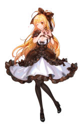 Rule 34 | 1girl, 96dgd, absurdres, ahoge, player character (mabinogi), black bow, black footwear, black pantyhose, blonde hair, bow, breasts, brown eyes, cleavage, corset, dress, floating hair, frilled dress, frills, full body, hair bow, heart, heart hands, high heels, highres, large breasts, lolita fashion, long hair, looking at viewer, mabinogi, mary janes, pantyhose, shoes, short sleeves, simple background, solo, standing, very long hair, white background