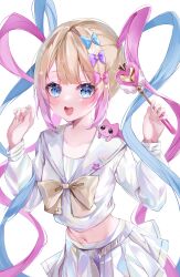 Rule 34 | 1girl, absurdres, animal, animal on shoulder, blonde hair, blue bow, blue eyes, blue hair, blue nails, blush, bow, cat, chouzetsusaikawa tenshi-chan, commentary request, cowboy shot, hair bow, hair ornament, hands up, heart, heart hair ornament, highres, holding, holding wand, holographic clothing, long hair, long sleeves, multicolored hair, multicolored nails, multiple hair bows, nail polish, navel, needy girl overdose, open mouth, pin, pink bow, pink hair, pink nails, pleated skirt, purple bow, quad tails, raika (kaidayo), sailor collar, school uniform, serafuku, simple background, skirt, smile, solo, very long hair, wand, white background, yellow bow, yellow nails
