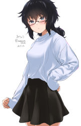 Rule 34 | 1girl, amasora taichi, black-framed eyewear, black eyes, black hair, black skirt, blush, casual, character name, closed mouth, commentary, cowboy shot, dated, girls und panzer, glasses, hand on own hip, highres, light blush, light frown, long sleeves, looking at viewer, medium hair, messy hair, miniskirt, one-hour drawing challenge, oryou (girls und panzer), semi-rimless eyewear, shirt, short ponytail, simple background, skirt, sleeves past wrists, solo, standing, translated, twitter username, under-rim eyewear, white background, white shirt