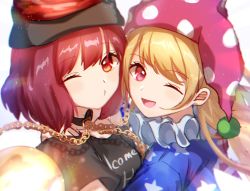 Rule 34 | 2girls, bare shoulders, black choker, black headwear, black neckwear, blonde hair, blue shirt, blue sleeves, breasts, chain, choker, closed mouth, clothes writing, clownpiece, eyes visible through hair, gold chain, grey shirt, grey sleeves, hair between eyes, hat, hecatia lapislazuli, highres, jester cap, light, long hair, medium breasts, moon (ornament), mozuno (mozya 7), multicolored clothes, multicolored shirt, multiple girls, off shoulder, one eye closed, open mouth, pink eyes, pink headwear, red eyes, red hair, red headwear, red shirt, shirt, short hair, short sleeves, simple background, smile, star (symbol), star print, striped clothes, striped shirt, t-shirt, touhou, white background, white shirt